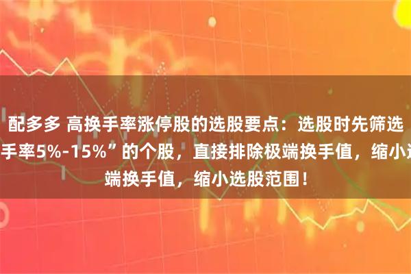 配多多 高换手率涨停股的选股要点:选股时先筛选“涨停 换手率5%-15%”的个股,直接排除极端换手值,缩小选股范围!